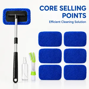 Car Windshield Cleaning Tool Set Extendable Handle Window Cleaning Brush Rotating Head Automotive Glass Washer Kit With 6 Microfiber Pads Spray Bottle