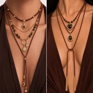 Vintage Gelaagde Fluwelen Touw Ketting Voor Dames Legering Hart Zon Hanger Maillard Stijl Kralen Sieraden Bruingoud Verguld Halssieraad