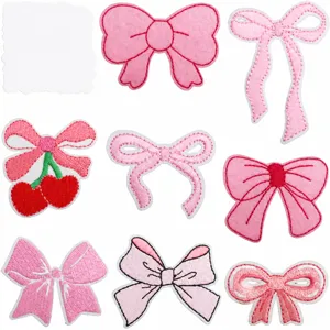 Pink Bowknot Ribbon Embroidery Patches Set Heart Cherry Embroidered Appliques For Clothing Bag DIY Hair Clip Decor Girly Style Iron On Sewing Patches