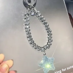 Acrylic Crystal Beaded Phone Strap Anti-Lost Keychain Cute Blue Glitter Star Pendant Niche Design Mobile Phone Charm For Women