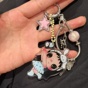 Cute Cartoon Girl Acrylic Keychain Girly Heart Bag Charm Phone Chain Metal Star Beads Pendant Bestie Gift Accessory