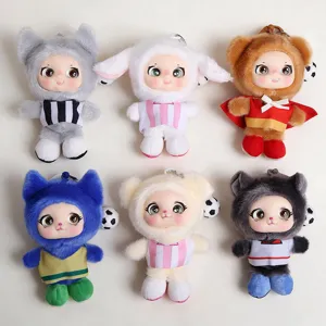 Six animal-hooded plush doll charms in varied colors, arranged in two rows with soccer balls