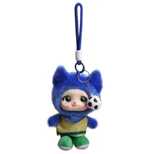 Blue cat-eared plush football doll keychain in a yellow-green outfit, with soccer charm and loop