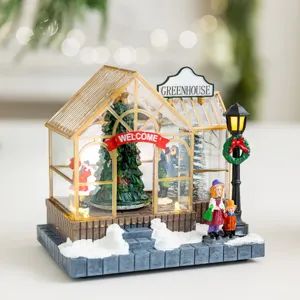 Christmas Luminous Resin House Music Box LED Lighted Micro Landscape Toy Shop Greenhouse Miniature Desktop Ornament Gifts