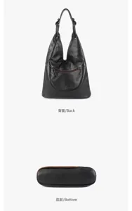 Vues arrière et de dessous d’un sac noir grainé, avec poche zippée au dos et fermeture à la base.
