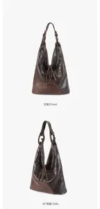 Vues de face et de côté à 30° d’un sac brun foncé en cuir grainé, avec cordon et fermeture éclair.