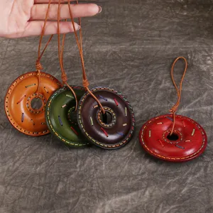 Handmade Donut Bag Charm Genuine Cowhide Leather Cute Keychain Purse Accessory Decorative Pendant For Backpack Car Decoration Gift