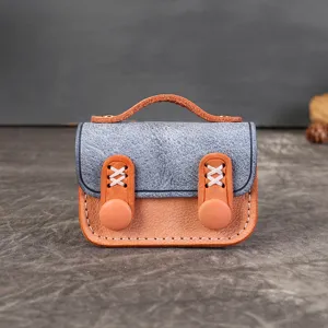 Pendentif de Sac Mini Étui pour Écouteurs en Cuir Véritable Fait Main Porte-Monnaie en Cuir de Vachette Contrasté Porte-Clés Femme