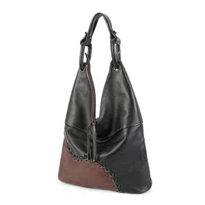 Sac cabas noir et brun en aspect cuir, avec couture tressée, zip à pompon et deux anses