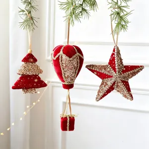 Red Flocked Christmas Tree Hanging Ornaments Gold Sequins Hot Air Balloon Star Acorn Bell Pendant Festive Holiday Home Decor