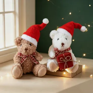 Plush Christmas Bow Teddy Bear Ornament Cute White Brown Santa Hat Bear Figurine Xmas Tree Hanging Decor For Holiday Gift