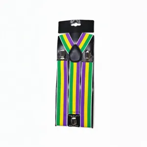 Flat lay showing green, yellow and purple striped straps, metal clips and a black Y-shaped connector