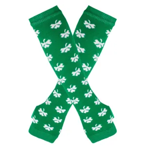Crossed green knit leg warmers with white shamrock motifs, displayed against a white background