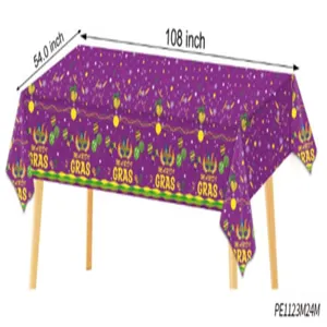Purple Mardi Gras tablecloth displayed on a table, with colorful masks, beads and festive print