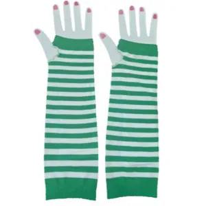 Pair of long green-and-white striped knit arm warmers displayed flat against a plain white background