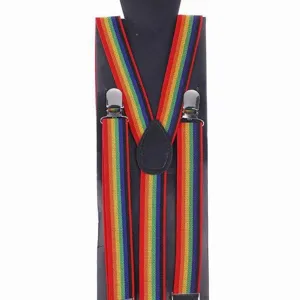 Rainbow-striped suspenders with metal clips and a black Y-shaped connector, shown front-on