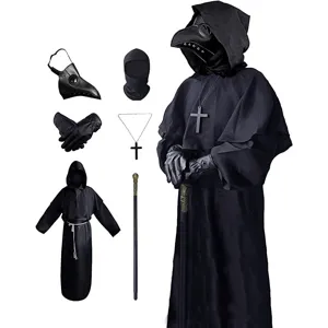 Plague Doctor Mask Costume Halloween Cosplay Set PU Leather Raven Bird Beak Mask Black Hood Cape Gloves Cross Necklace Scepter Props For Adults Party