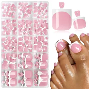 Uñas Postizas para Pies Estilo Francés Rosa Nude Cortas Cuadradas Cobertura Completa Uñas Postizas para Pies Mujer Manicura