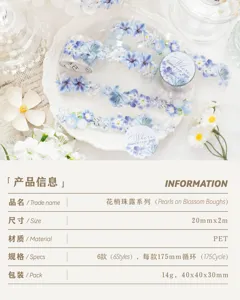 Close-up of blue and lavender floral decorative tape strips arranged on a white plate with flowers