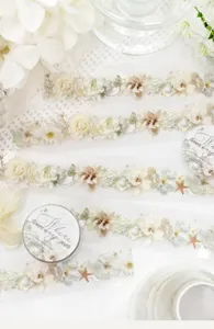 Flat lay of floral decorative tape with pearl accents, shells and starfish on a lace backdrop