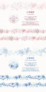Pink and blue floral tape borders with delicate blossoms displayed on a textured white background
