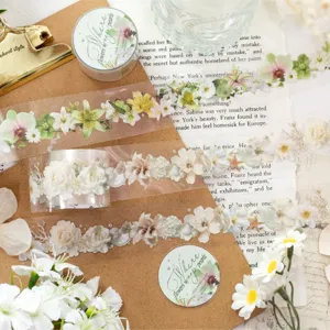 Transparent PET floral tape with white flowers and pearl motifs, shown in rolls and strips