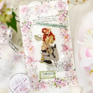 Floral die-cut PET journal stickers with pink flower borders, a red-haired woman and dried leaves