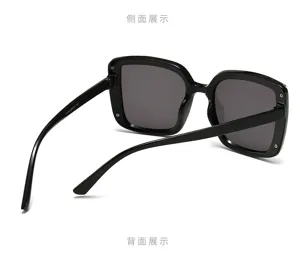 Side and rear views of black square sunglasses with gray lenses and small metal rivet accents
