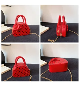 Four-angle view of a red bag with black polka dots, bow detail, top handles and gold chain