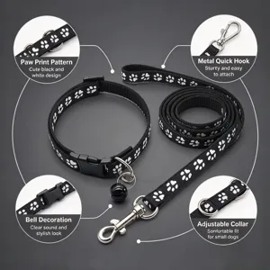 Detail collage of black paw-print leash and adjustable collar, showing bell and metal hooks