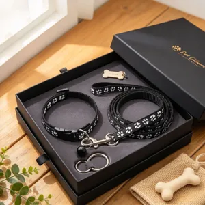 Black paw-print collar and leash set with bone-shaped tag, displayed in an open gift box