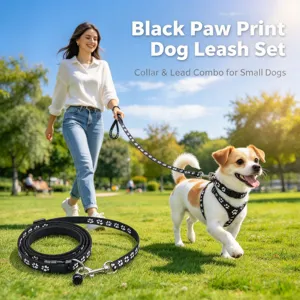 Black Paw Print Pet Dog Leash Collar Combination Lightweight Polypropylene Traction Rope With Bell For Small Medium Dogs