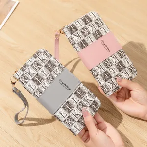 Women Long Wallet PU Leather Zipper Phone Bag Splicing Letter Monogram Card Holder Handheld Purse With Tassel Wristlet Strap