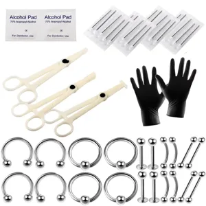 Kit de Piercing Corporal Profesional Juego de Herramientas Agujas de Piercing de Acero Inoxidable 316L Pinzas Guantes Pendientes de Strass para Piercing Oreja Nariz Ombligo Labio