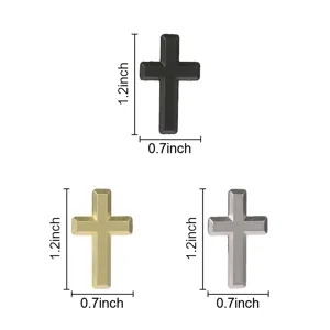 Three cross-shaped metal pieces in black, gold, and silver, shown with 1.2 by 0.7 inch size guides