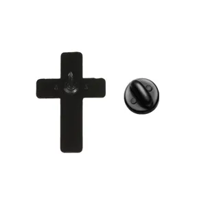 Back view of a matte black cross-shaped metal pin with its fastening post and butterfly clasp