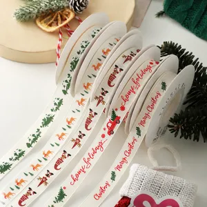 Christmas Grosgrain Ribbon Festive Gift Box Packaging Tape Polyester Webbing For Xmas Tree Elk Deer Patterns DIY Bow Decoration