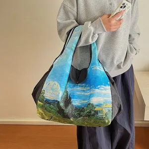 Large Capacity Foldable Shopping Bag Oil Painting Landscape Print Retro Tote Bag For Women Eco-Friendly Grocery Travel Bag