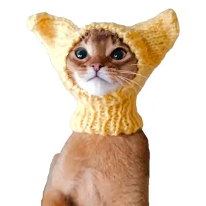 Bonnet jaune tricoté pour chat, style Halloween et oreilles pointues, présenté sur fond blanc