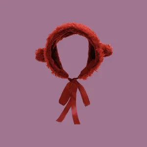Rotes flauschiges Winterstirnband mit Bärenohren, weichem Fell und verstellbaren Bindebändern