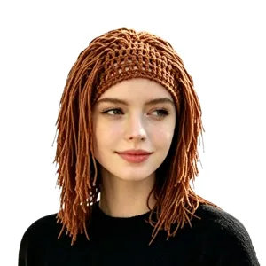 Brown-orange crochet dreadlock hat with open-knit crown and long yarn fringe, shown worn by a model
