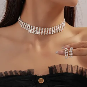 Light Luxury Copper Zirconia Square Tassel Necklace Earrings Set Hollow Geometric Clavicle Chain Jewelry Για Γυναίκες Συμπόσιο Πάρτι