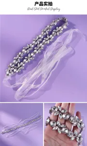Close-up views of a crystal floral belt with sheer white ties, shown on purple and in hand