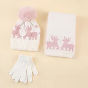 Kinder Weihnachten Rentier Jacquard Strick Hut Schal Und Handschuhe Set Winter Warm Bommel Mütze Schal Fäustlinge Set
