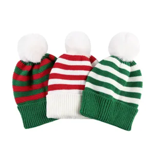 Kinderen Kerst Gebreide Muts Gestreepte Warme Acryl Wintermuts Met Pompom Voor Jongens Meisjes Vakantie Dagelijks Casual Feestelijke Hoofdbedekking