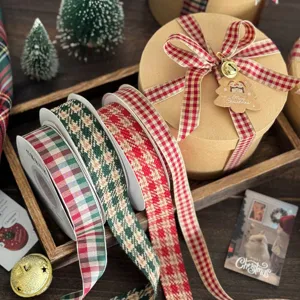 Cinta a Cuadros de Navidad Rojo Verde Rayado Cinta de Tela Tejida Para Envoltura de Regalos Manualidades DIY Decoración de Fiesta