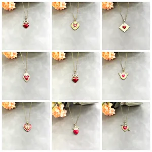 Collier Pendentif Croix Cœur Crâne Gothique Vintage Laiton Électroplaqué Émail Rouge Zirconia Strass Bijou Accessoire Pour Unisexe