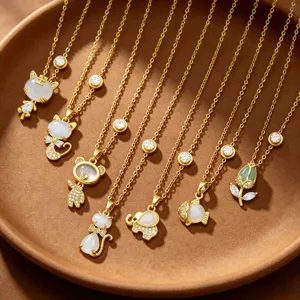 Collana in Acciaio Inossidabile Placcato Oro Con Zirconia Pietra Occhio di Gatto Artificiale Pendente Animale Gatto Elefante Gioielli Donna