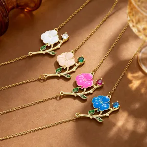 Gothic Dark Style Enamel Rose Flower Pendant Necklace For Women Stainless Steel Copper Zirconia Branch Clavicle Chain Jewelry