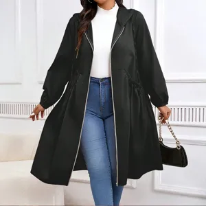 Women Plus Size Hooded Trench Coat Mid-length Polyester Windbreaker Loose Casual Zipper Outerwear Top With Drawstring Waist